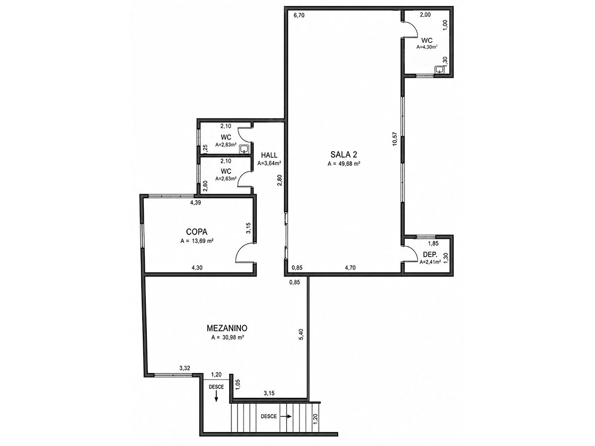 Planta do piso superior com sala, copa, mezanino e banheiros